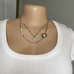 Two Strand Silver chain and White Beads Necklace 18 inch with 3 inch extender